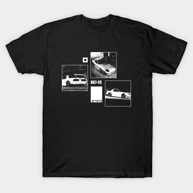 MAZDA RX-7 FC Black 'N White Archive (Black Version) T-Shirt by Cero